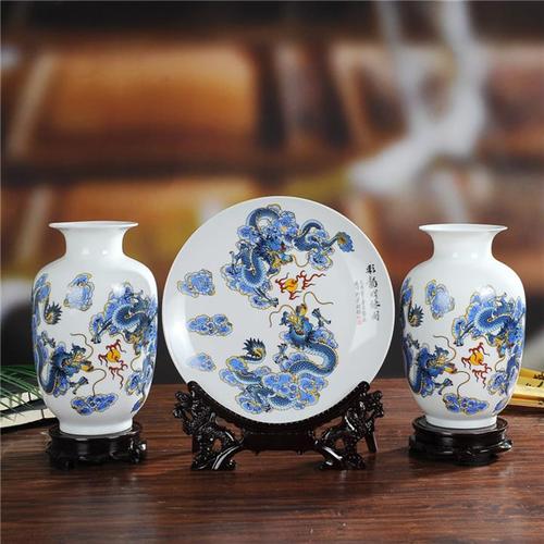 景德镇水点桃花陶瓷花瓶三件套 陶瓷工艺品摆件